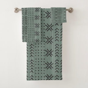 Modern Sage Green Mudcloth African Pattern Bath Towel Set