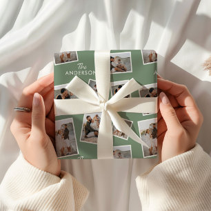 Modern Sage Green Multi Photo Family Collage Wrapping Paper