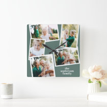 Modern sage green multi photo family home decor square wall clock