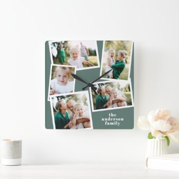 Modern Sage Green Multi Photo Family Home Decor Square Wall Clock by COFFEE_AND_PAPER_CO at Zazzle