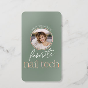 Modern Sage Green Nail Technician Real Foil Spot Gloss Business Cards
