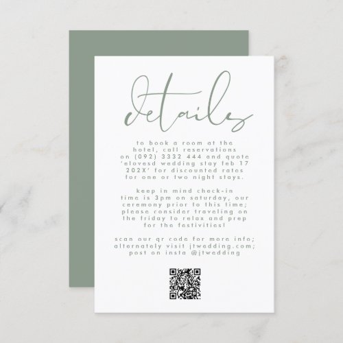 Modern Sage Green Neutral Text Wedding QR CODE Enclosure Card