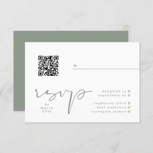 Modern Sage Green Neutral White Elegant QR Wedding RSVP Card