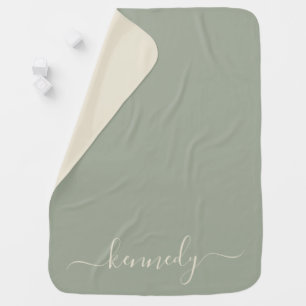 Modern sage green off white script name reversible baby blanket