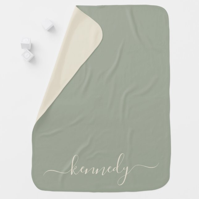 Modern sage green off white script name reversible baby blanket (In Situ)