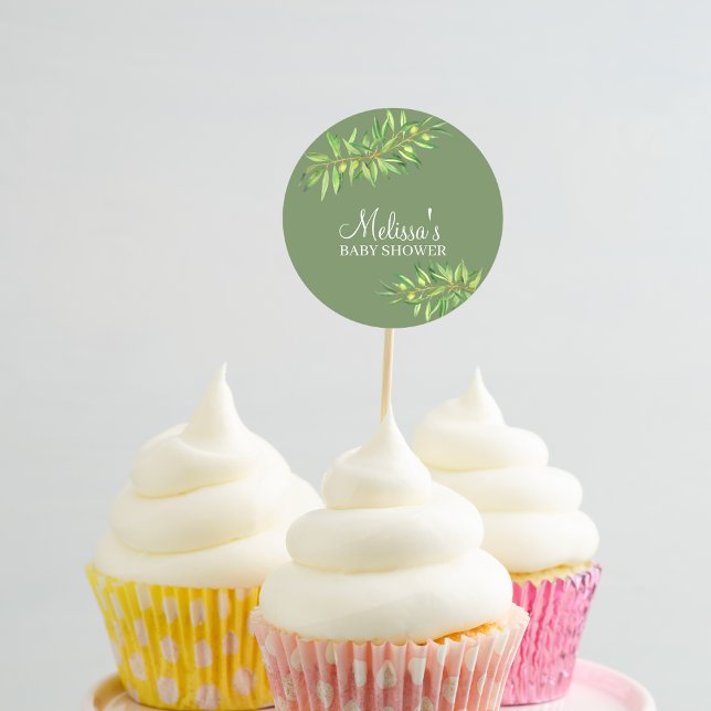 Modern sage green olive branch cupcake topper classic round sticker (Creator Uploaded)