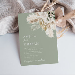 modern sage green pampas grass wedding invitation