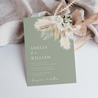 modern sage green pampas grass wedding invitation
