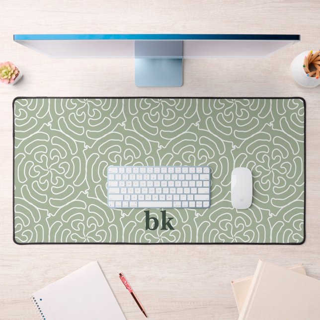 Modern sage green pattern monogrammed desk mat (elegant sage green with monogram desk mat)