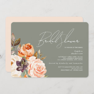 Modern Sage Green Peach Floral Bridal Shower Invitation