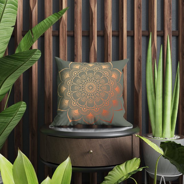 Modern Sage Green Peach Mandala Throw Pillow (Modern Sage Green Peach Mandala Throw Pillow in a beautful brown and green boho room.)