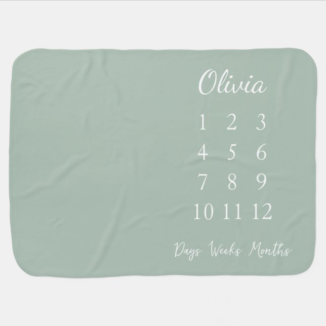 Modern Sage Green Personalized Milestone Baby Blanket (Horizontal)