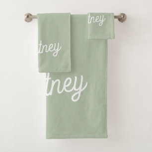 Modern Sage Green Personalized Monogram and Name Bath Towel Set
