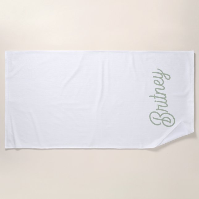 Modern Sage Green Personalized Monogram and Name  Beach Towel (Front)