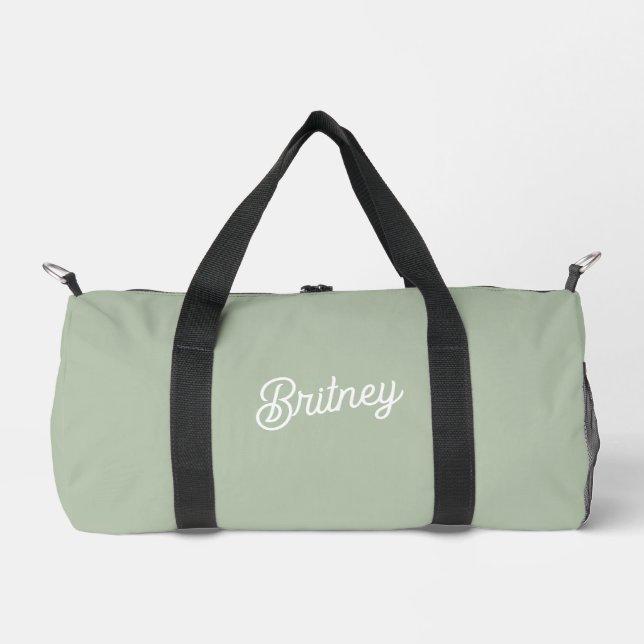 Modern Sage Green Personalized Monogram and Name  Duffle Bag (Front)