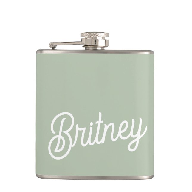 Modern Sage Green Personalized Monogram and Name  Flask (Front)