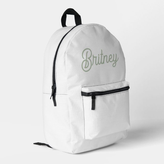 Modern Sage Green Personalized Monogram and Name  Printed Backpack (Back Corner Left)
