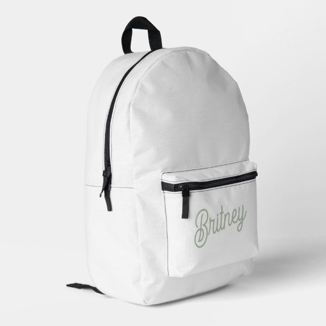 Modern Sage Green Personalized Monogram and Name  Printed Backpack (Back Corner Left)
