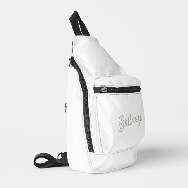 Modern Sage Green Personalized Monogram and Name  Sling Bag (Left Corner)