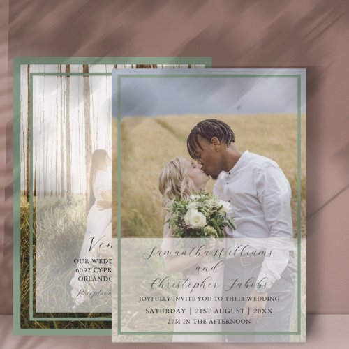 Modern Sage Green Photo  Calligraphy Wedding Invitation