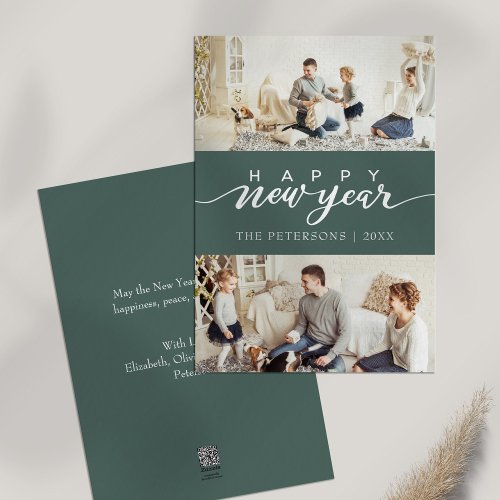 Modern Sage Green Photo Collage New Year Holiday Card