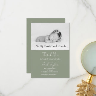 Modern Sage Green Photo Handwriting Baby Birth   Thank You Card