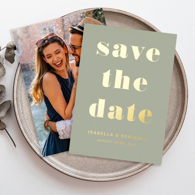 Modern Sage Green Photo Save The Date Gold Foil Invitation (Modern Sage Green Photo Save The Date Gold Foil Invitation)