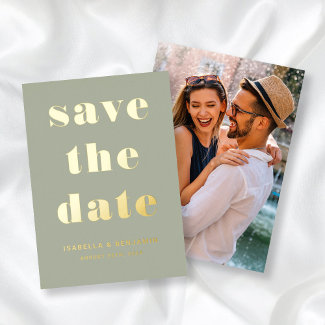 Modern Sage Green Photo Save The Date Gold