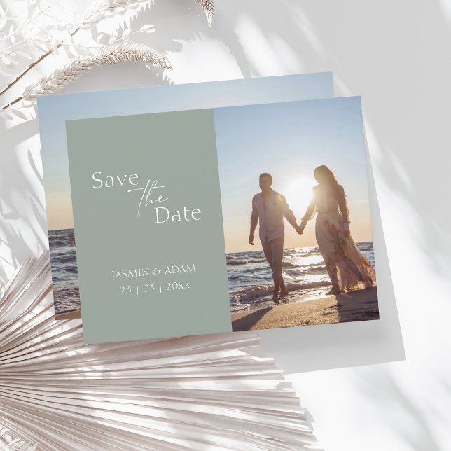 Modern Sage Green Photo Save the Date Postcard (Creator Uploaded)
