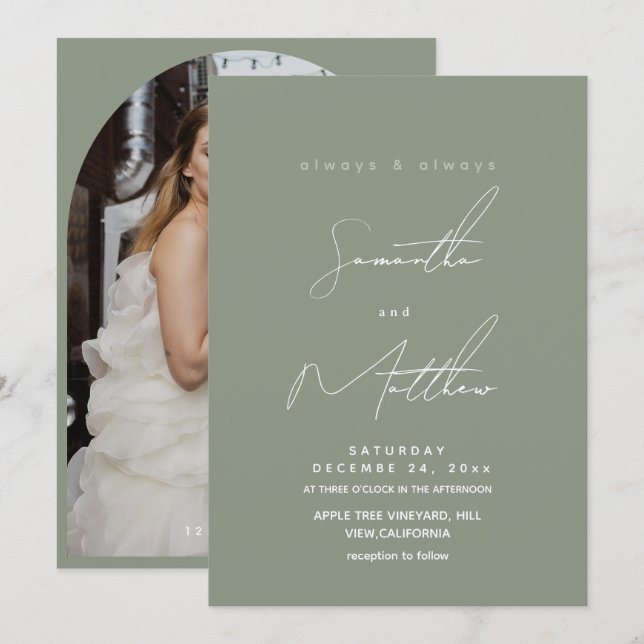 Modern Sage Green Photo Wedding  Invitation (Front/Back)