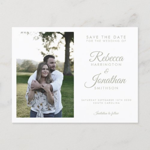 Modern Sage Green Photo Wedding Save The Date Invitation Postcard