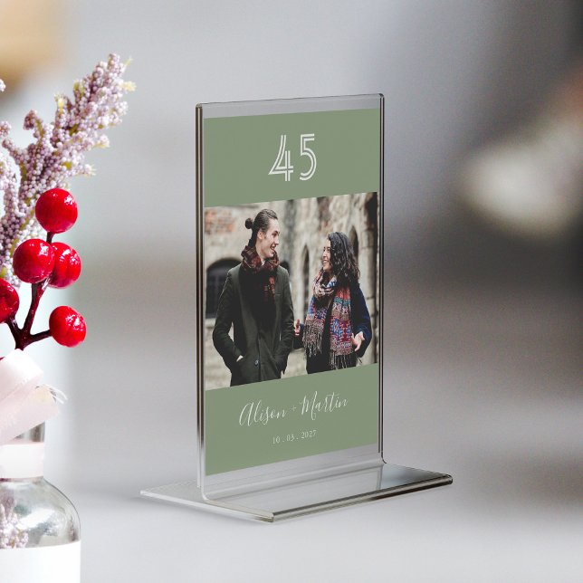 Modern Sage Green Photo Wedding Table Number Sign (Personalized Elegant White Script Sage Green Photo Wedding Table Number)