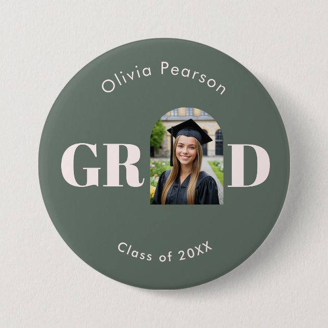 Modern Sage Green Pink Arch Photo Graduation Button (Front)