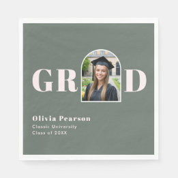 Modern Sage Green Pink Arch Photo Graduation Napkins