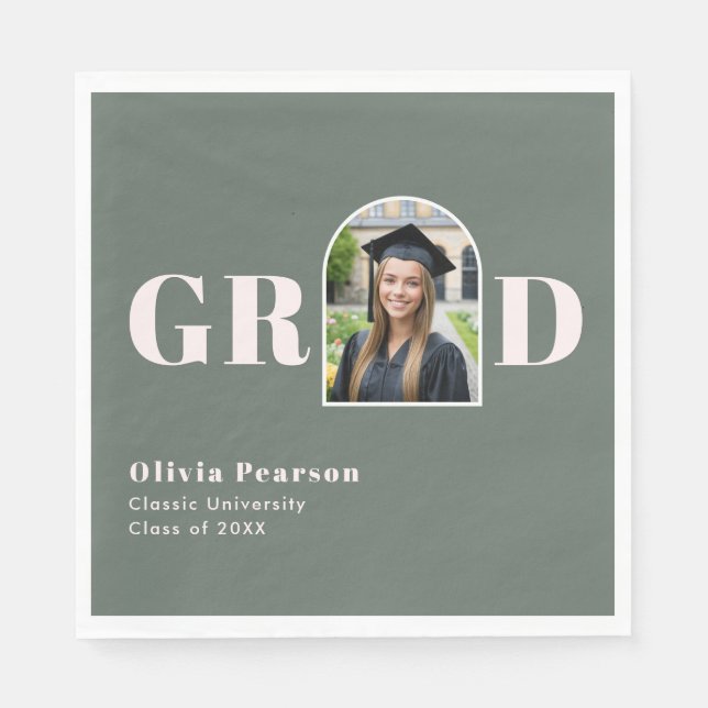 Modern Sage Green Pink Arch Photo Graduation Napkins (Front)