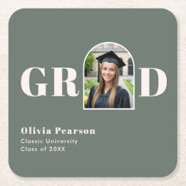 Modern Sage Green & Pink Arch Photo Graduation Square Paper Coaster