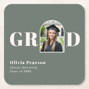 Modern Sage Green & Pink Arch Photo Graduation Square Paper Coaster