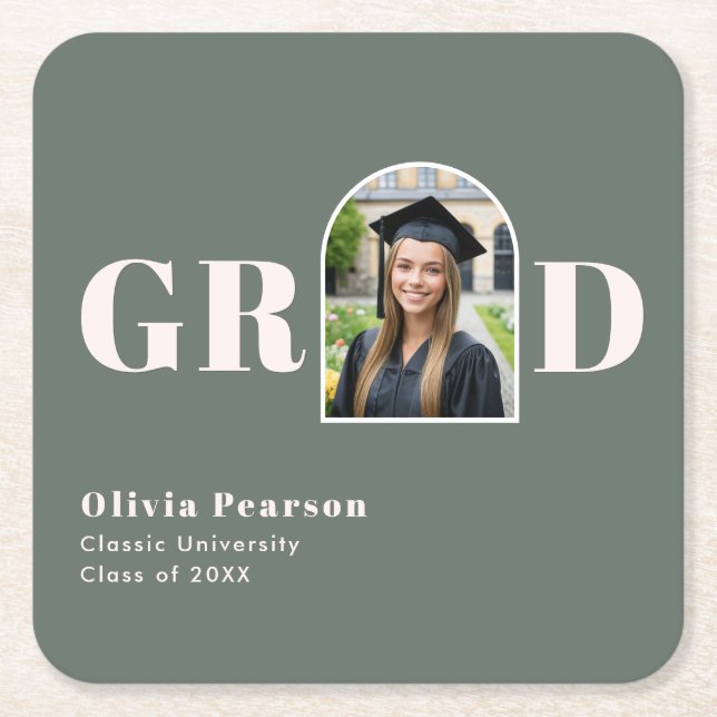 Modern Sage Green & Pink Arch Photo Graduation Square Paper Coaster (Front)