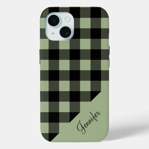 Modern Sage Green Plaid Check Pattern Name iPhone 15 Case