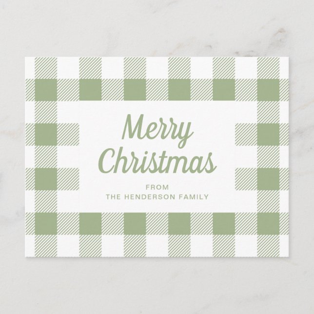 Modern Sage Green Plaid Merry Christmas Postcard (Front)