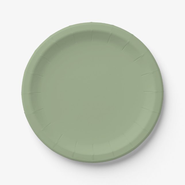 Modern Sage Green Plain Solid Color Paper Plates (Front)