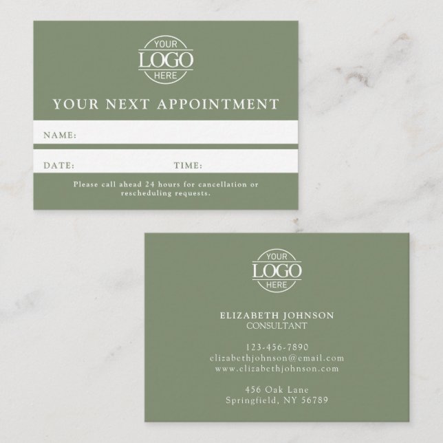 Modern Sage Green Professional Simple Reminder Appointment Card (Front/Back)