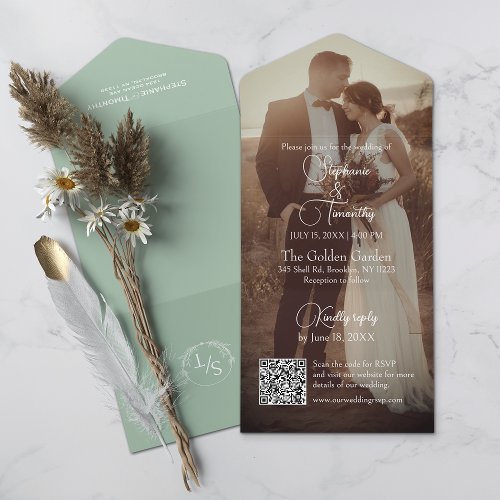 Modern Sage Green QR Code Photo Wedding All In One Invitation