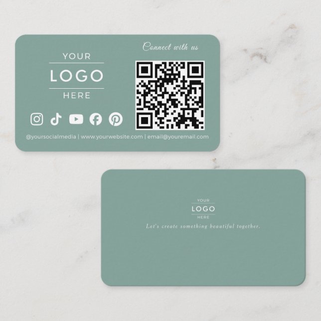 Modern Sage Green QR Code Social Media Logo Business Card (Front/Back)