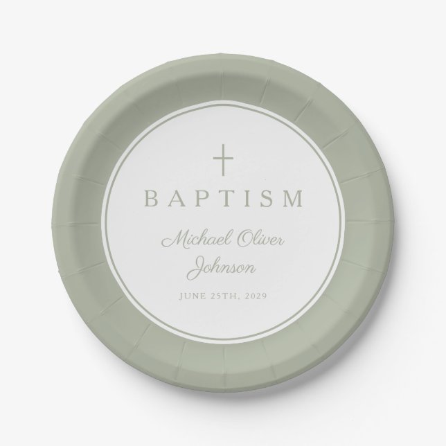 Modern Sage Green Religious Cross Baptism Paper Plates (Front)