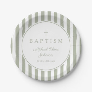 Modern Sage Green Religious Cross Baptism Paper Plates