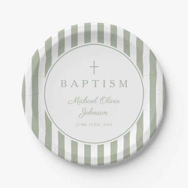 Modern Sage Green Religious Cross Baptism Paper Plates (Front)