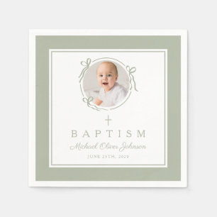 Modern Sage Green Religious Cross Boy Baptism Napkins