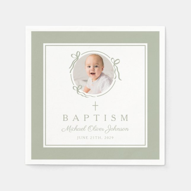 Modern Sage Green Religious Cross Boy Baptism Napkins (Front)