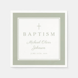 Modern Sage Green Religious Cross Boy Baptism Napkins